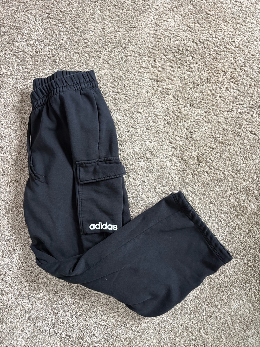 Adidas Black Cargo Sweatpants Wide Leg Relaxed Fit Drawstring Waist Pockets